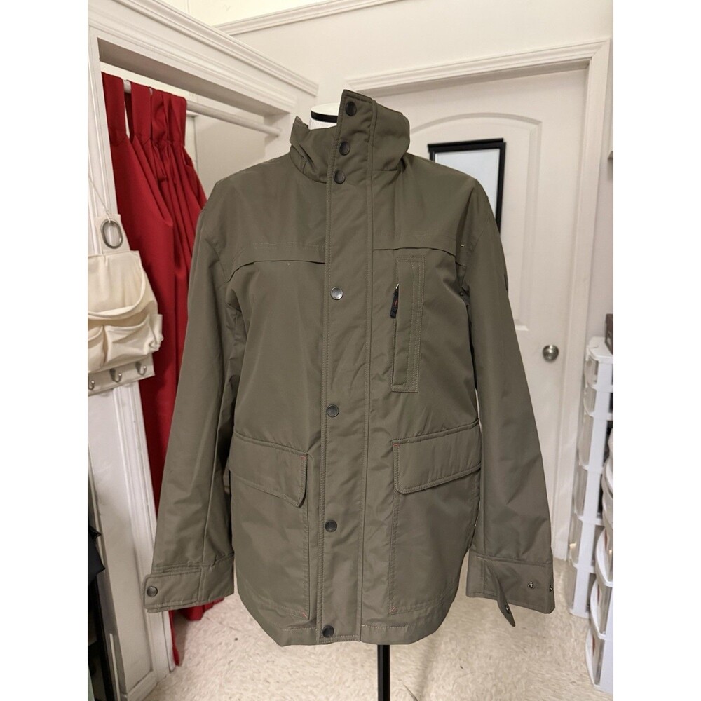 London Fog Green Solid Puffer Jacket Men's L Stand-Up Collar Button Mid-Length